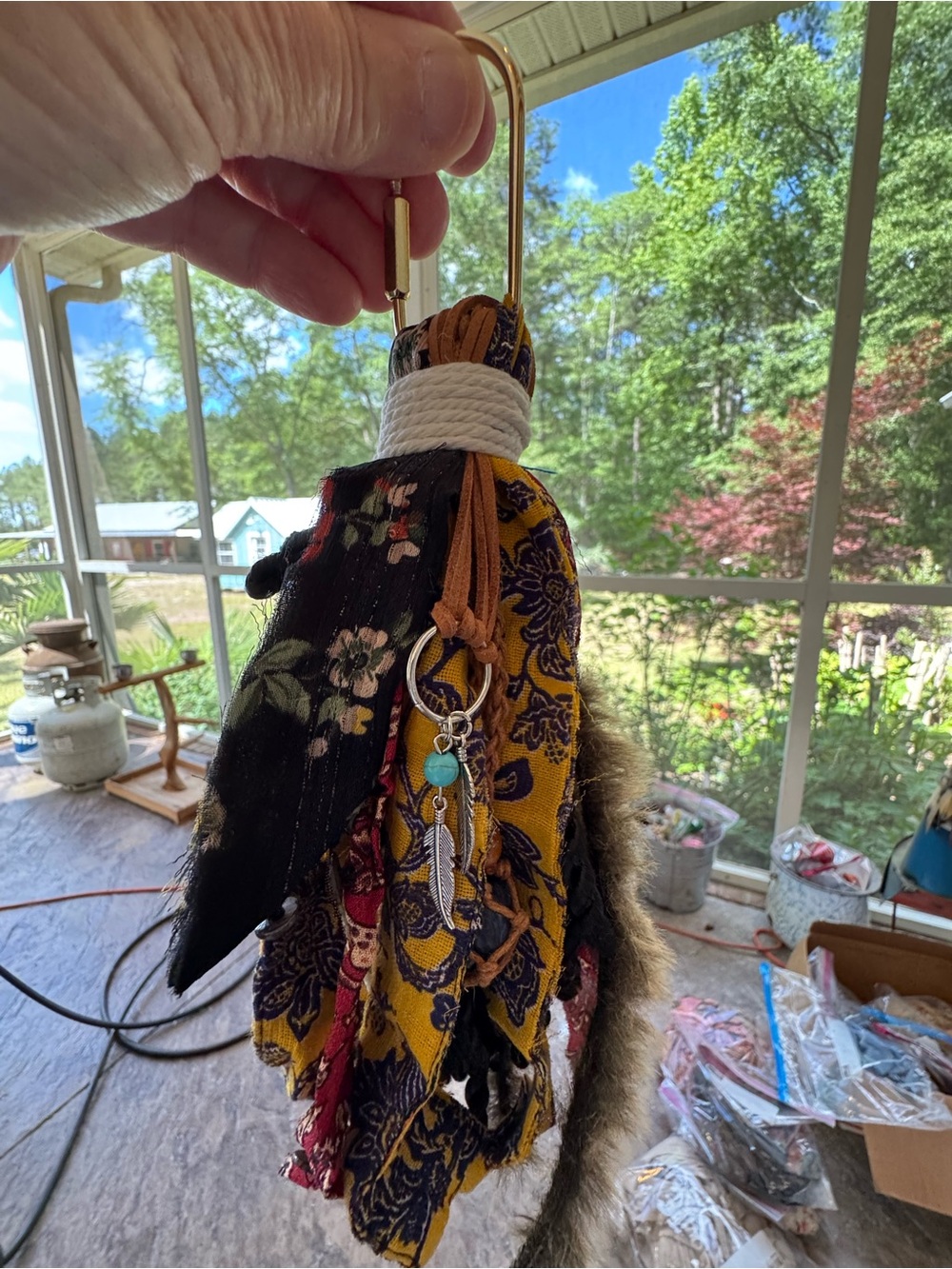 Boho Tassel Keychain with Feather Charm - Mustard & Black